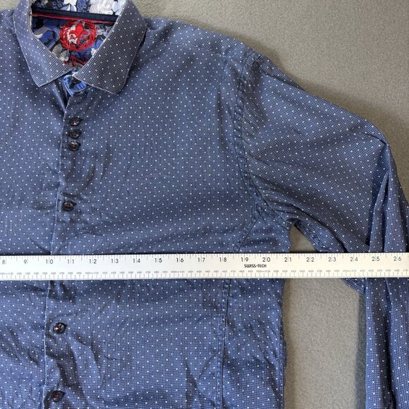 Au Noir Mens Button Up Shirt Size 4 Blue Polka Dot Flip Cuff Going Out Faded - Picture 5 of 16
